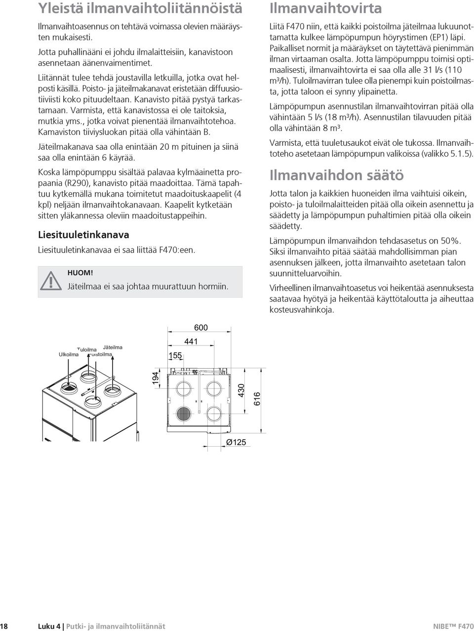 Varmista, että kanavistossa ei ole taitoksia, mutkia yms., jotka voivat pienentää ilmanvaihtotehoa. Kamaviston tiiviysluokan pitää olla vähintään B.