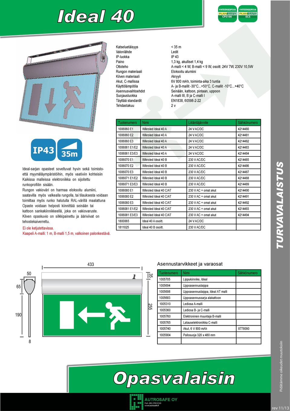 B 230 V AC/DC 4214485 1006070 E2 Wikroled Ideal 40 B 230 V AC/DC 4214486 1006070 E3 Wikroled Ideal 40 B 230 V AC/DC 4214487 1006071 E1/E2 Wikroled Ideal 40 B 230 V AC/DC 4214488 1006071 E3/E3