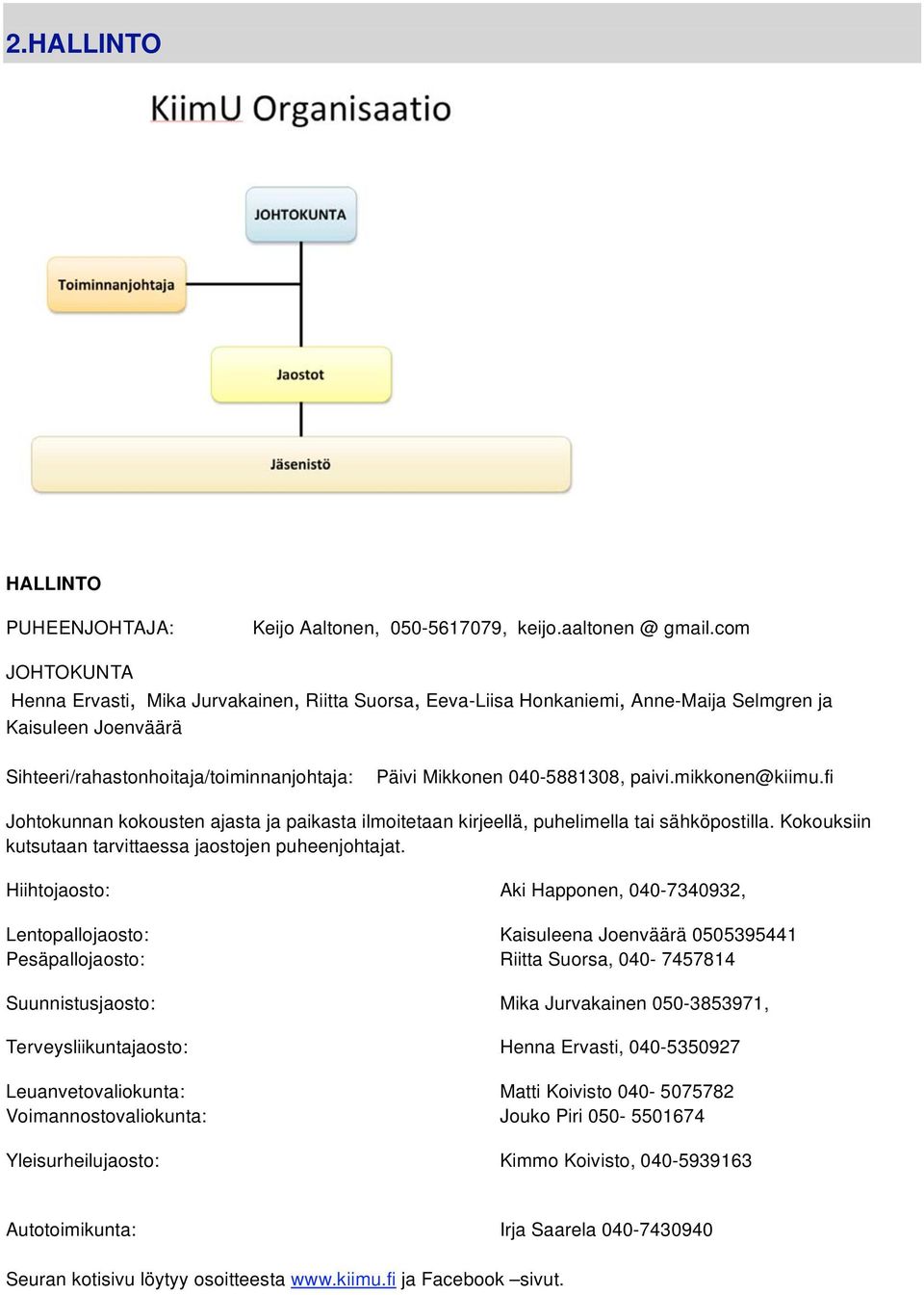 paivi.mikkonen@kiimu.fi Johtokunnan kokousten ajasta ja paikasta ilmoitetaan kirjeellä, puhelimella tai sähköpostilla. Kokouksiin kutsutaan tarvittaessa jaostojen puheenjohtajat.