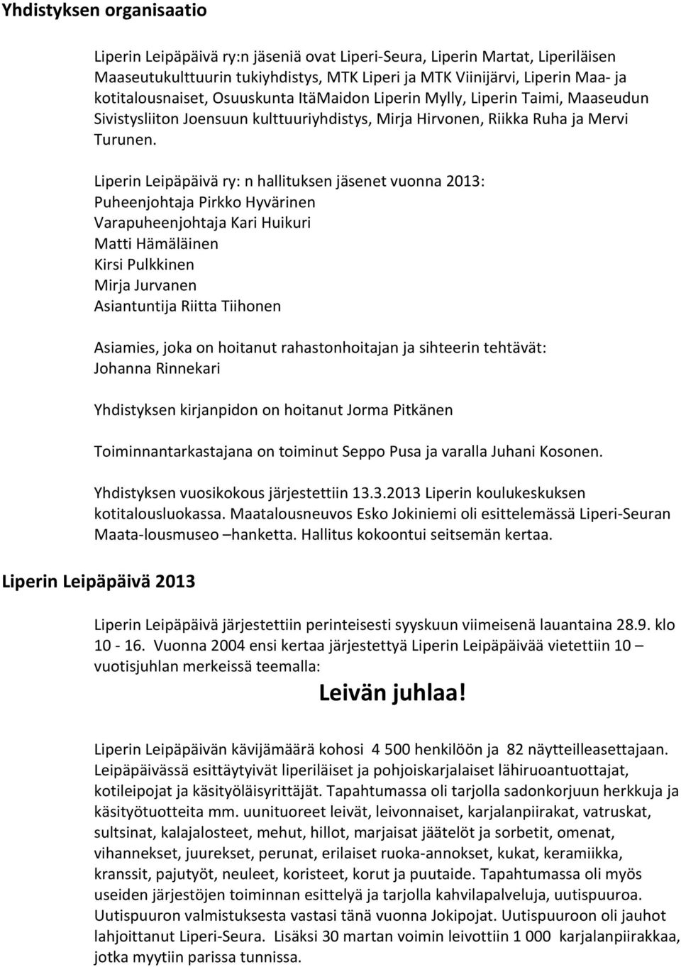 Liperin Leipäpäivä ry: n hallituksen jäsenet vuonna 2013: Puheenjohtaja Pirkko Hyvärinen Varapuheenjohtaja Kari Huikuri Matti Hämäläinen Kirsi Pulkkinen Mirja Jurvanen Asiantuntija Riitta Tiihonen