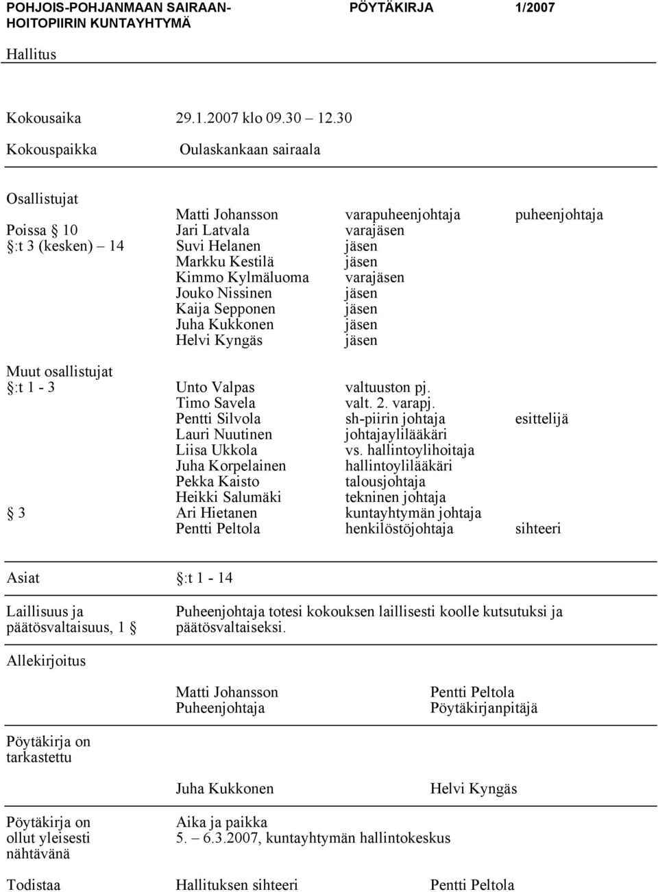 Kylmäluoma varajäsen Jouko Nissinen jäsen Kaija Sepponen jäsen Juha Kukkonen jäsen Helvi Kyngäs jäsen Muut osallistujat :t 1-3 Unto Valpas valtuuston pj. Timo Savela valt. 2. varapj.