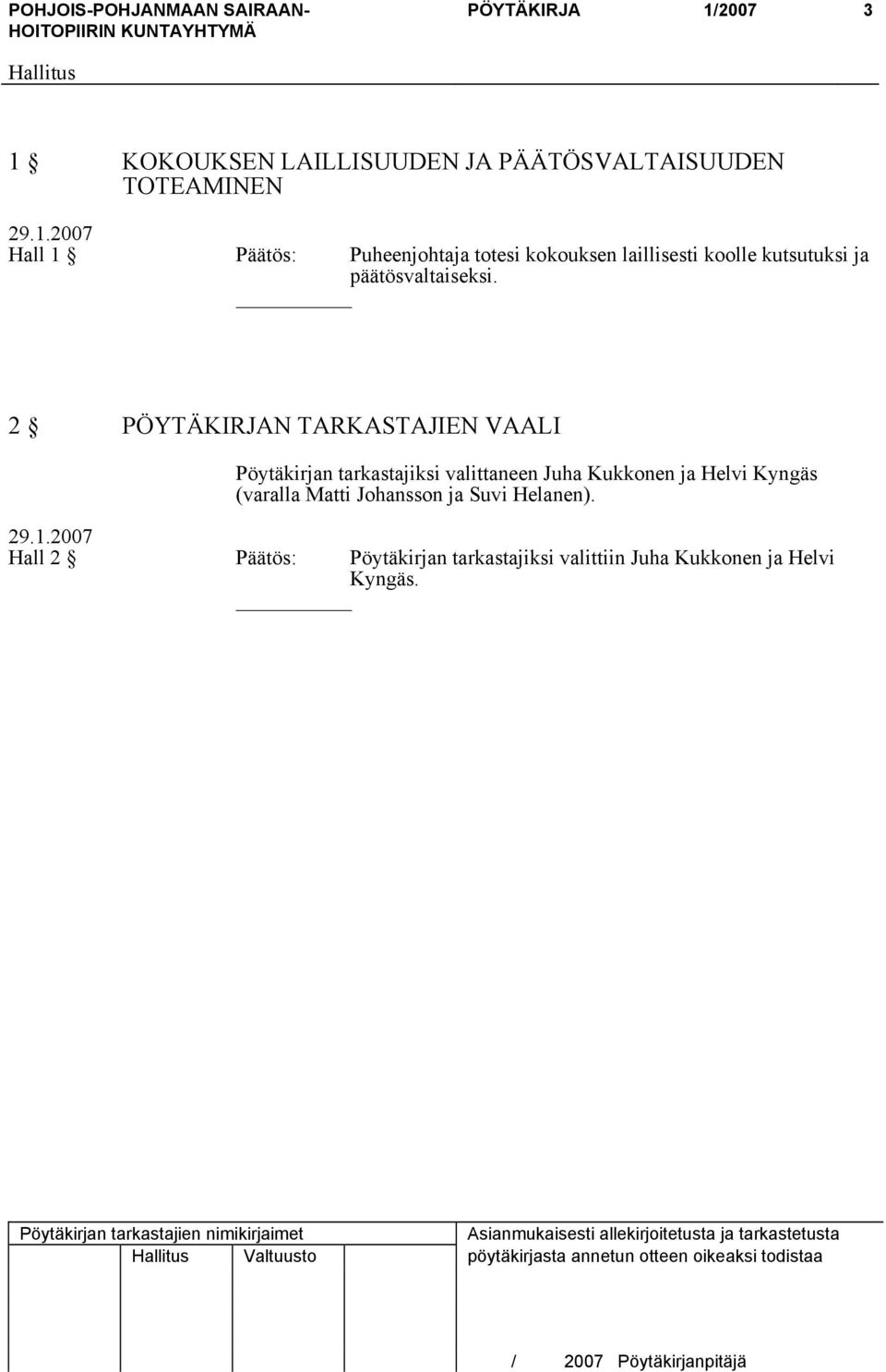 Johansson ja Suvi Helanen). 29.1.2007 Hall 2 Päätös: Pöytäkirjan tarkastajiksi valittiin Juha Kukkonen ja Helvi Kyngäs.