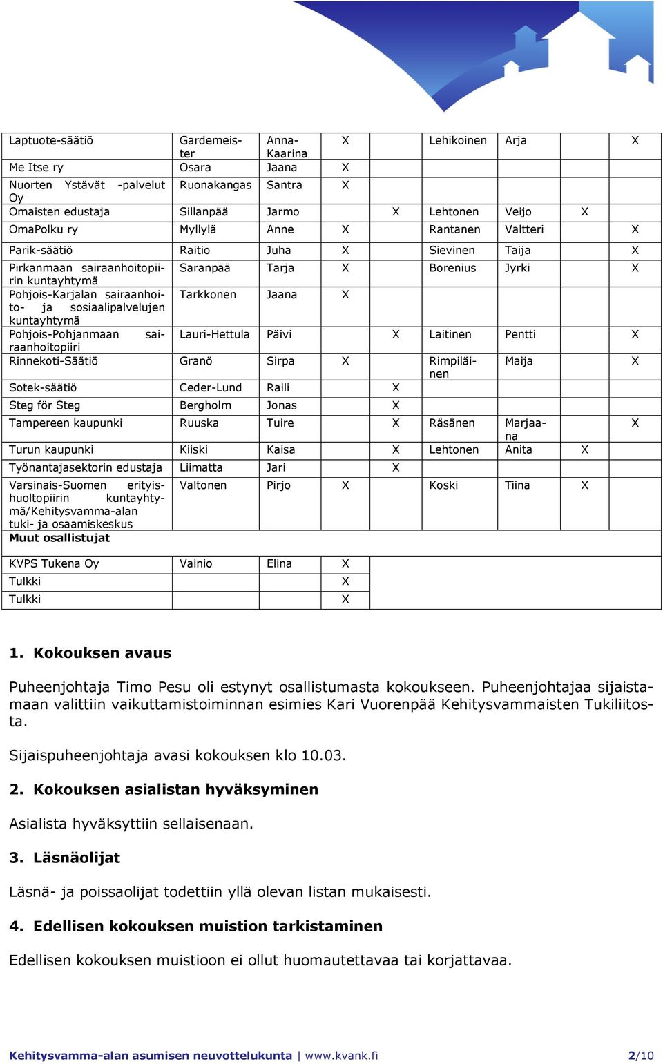 Jaana X ja sosiaalipalvelujen kuntayhtymä Pohjois-Pohjanmaan sairaanhoitopiiri Lauri-Hettula Päivi X Laitinen Pentti X Rinnekoti-Säätiö Granö Sirpa X Rimpiläinen Maija X Sotek-säätiö Ceder-Lund Raili