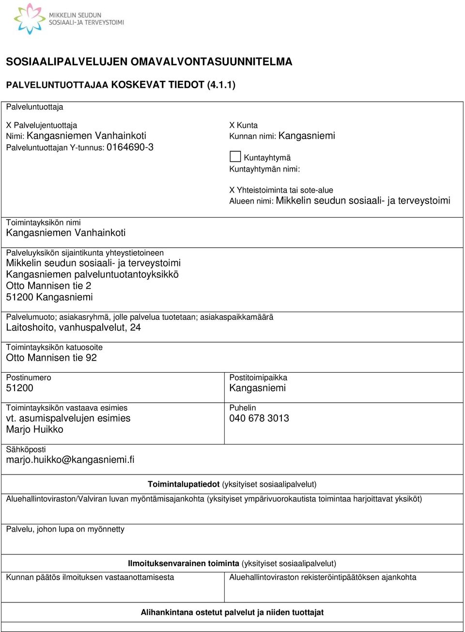 sote-alue Alueen nimi: Mikkelin seudun sosiaali- ja terveystoimi Toimintayksikön nimi Kangasniemen Vanhainkoti Palveluyksikön sijaintikunta yhteystietoineen Mikkelin seudun sosiaali- ja terveystoimi