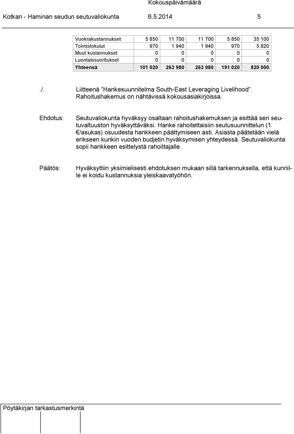 820 000./. Liitteenä Hankesuunnitelma South-East Leveraging Livelihood. Rahoitushakemus on nähtävissä kokousasiakirjoissa.