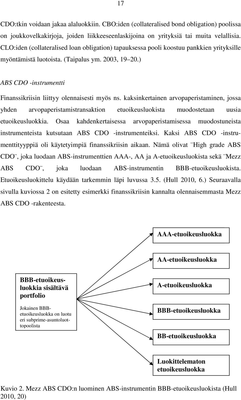 ) ABS CDO -instrumentti Finanssikriisin liittyy olennaisesti myös ns. kaksinkertainen arvopaperistaminen, jossa yhden arvopaperistamistransaktion etuoikeusluokista muodostetaan uusia etuoikeusluokkia.