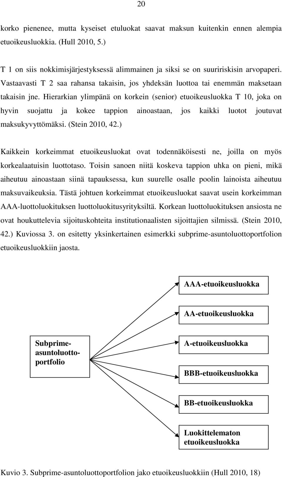 Hierarkian ylimpänä on korkein (senior) etuoikeusluokka T 10, joka on hyvin suojattu ja kokee tappion ainoastaan, jos kaikki luotot joutuvat maksukyvyttömäksi. (Stein 2010, 42.