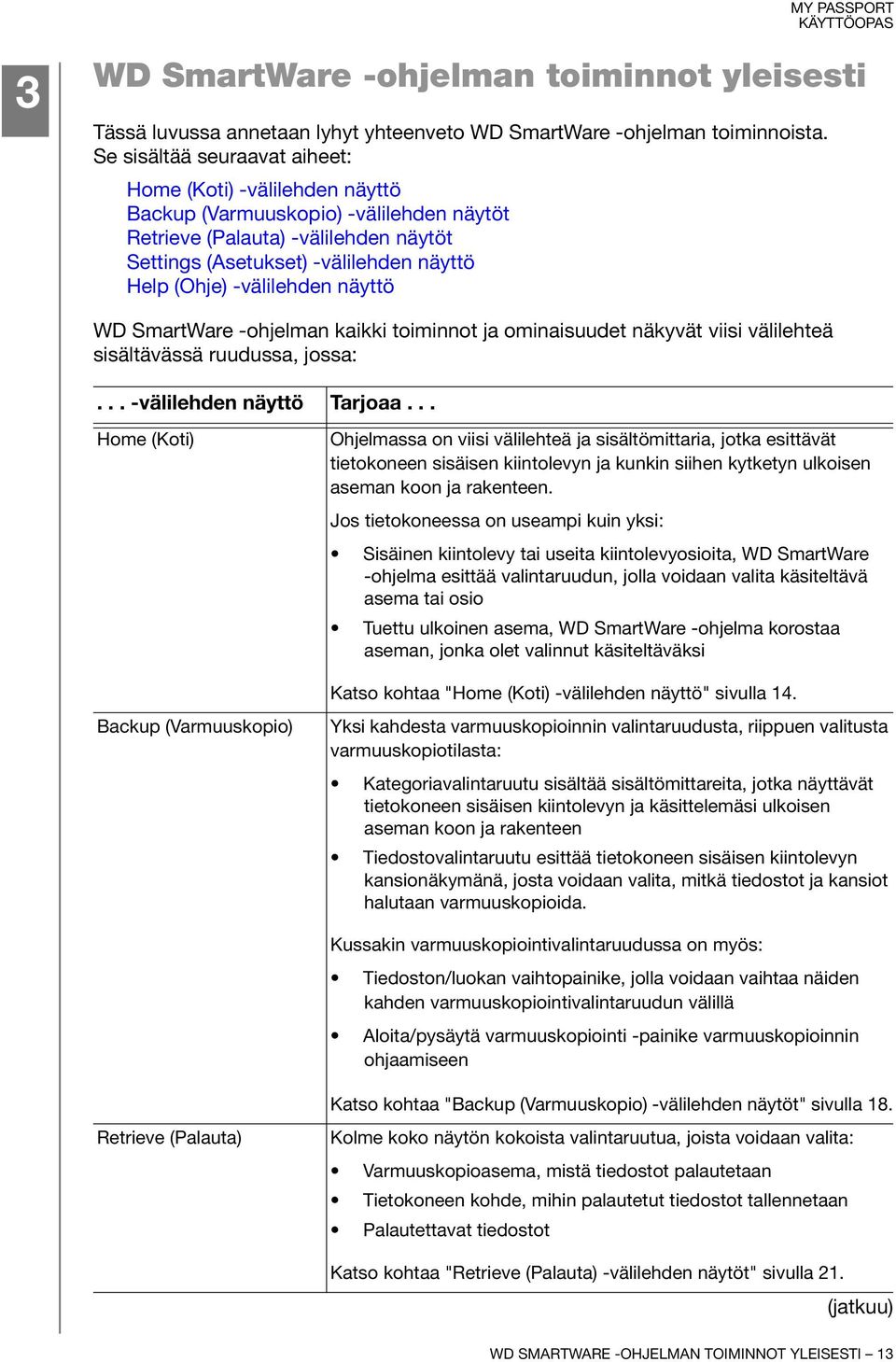 -välilehden näyttö WD SmartWare -ohjelman kaikki toiminnot ja ominaisuudet näkyvät viisi välilehteä sisältävässä ruudussa, jossa:... -välilehden näyttö Tarjoaa.