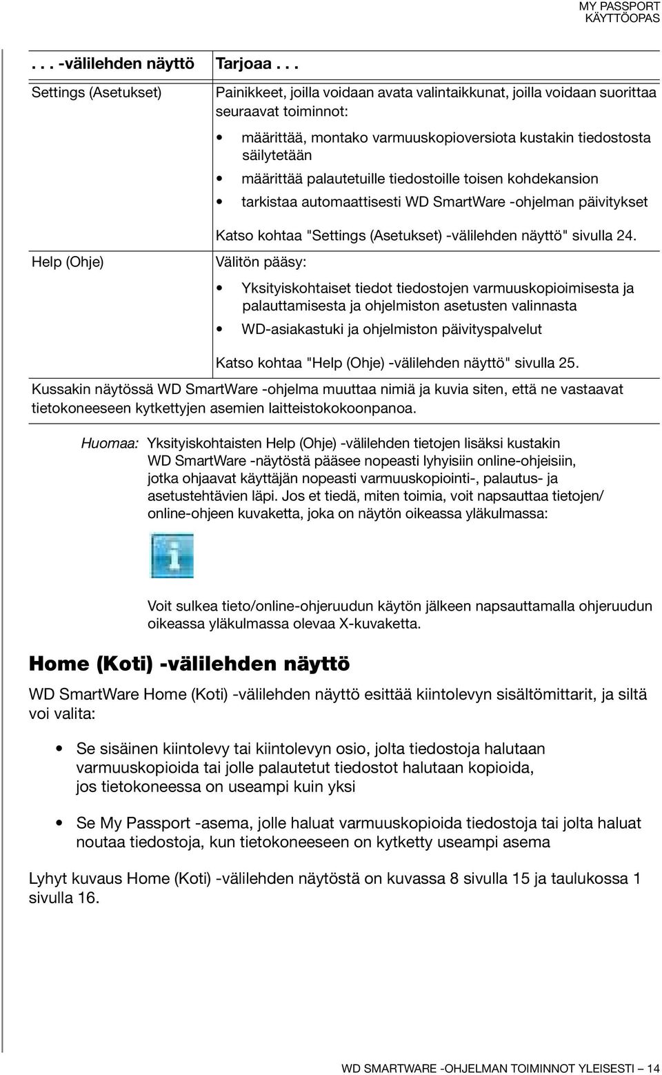 säilytetään määrittää palautetuille tiedostoille toisen kohdekansion tarkistaa automaattisesti WD SmartWare -ohjelman päivitykset Katso kohtaa "Settings (Asetukset) -välilehden näyttö" sivulla 24.