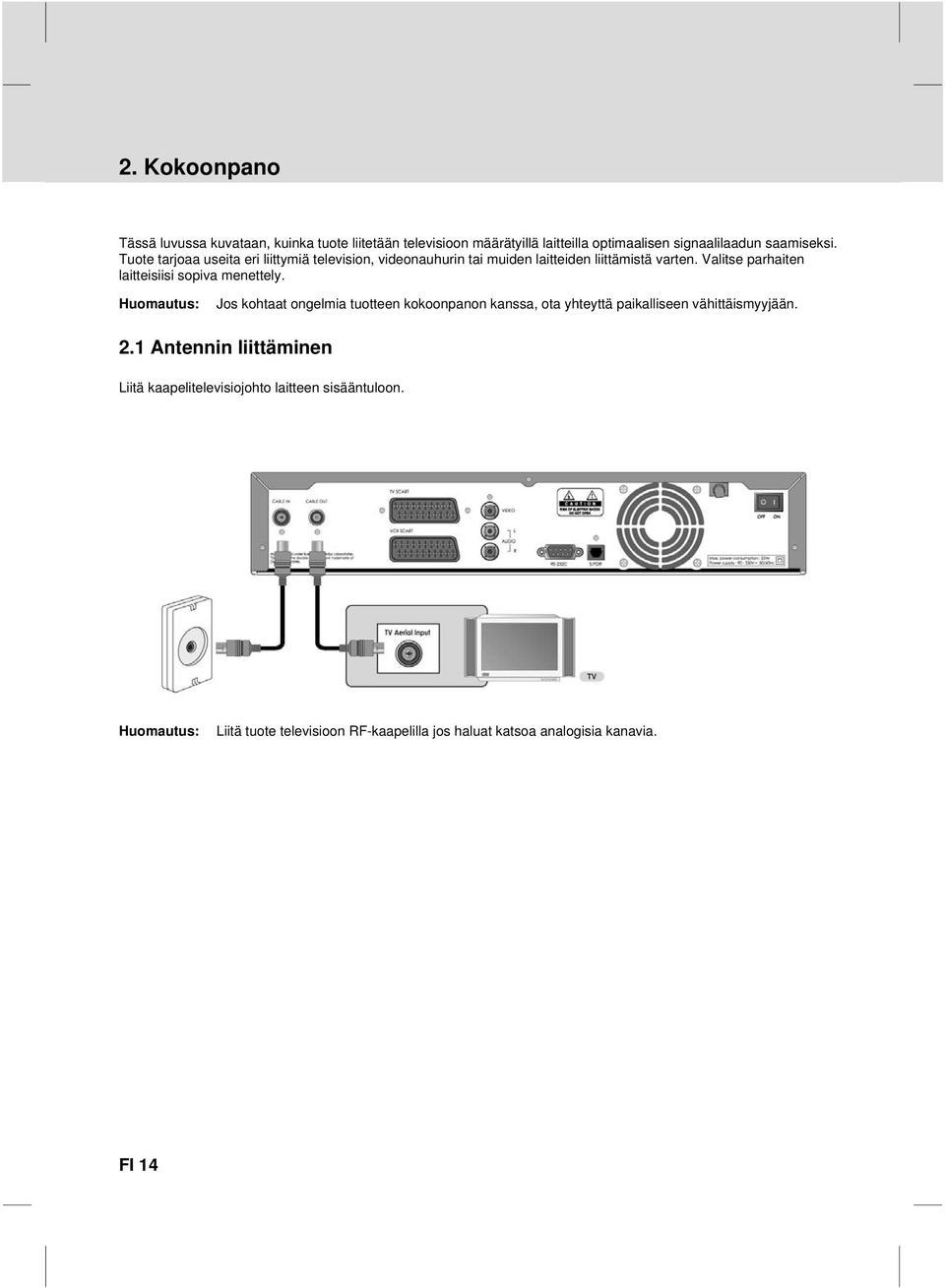 Tuote tarjoaa useita eri liittymiä television, videonauhurin muiden laitteiden liittämistä varten.