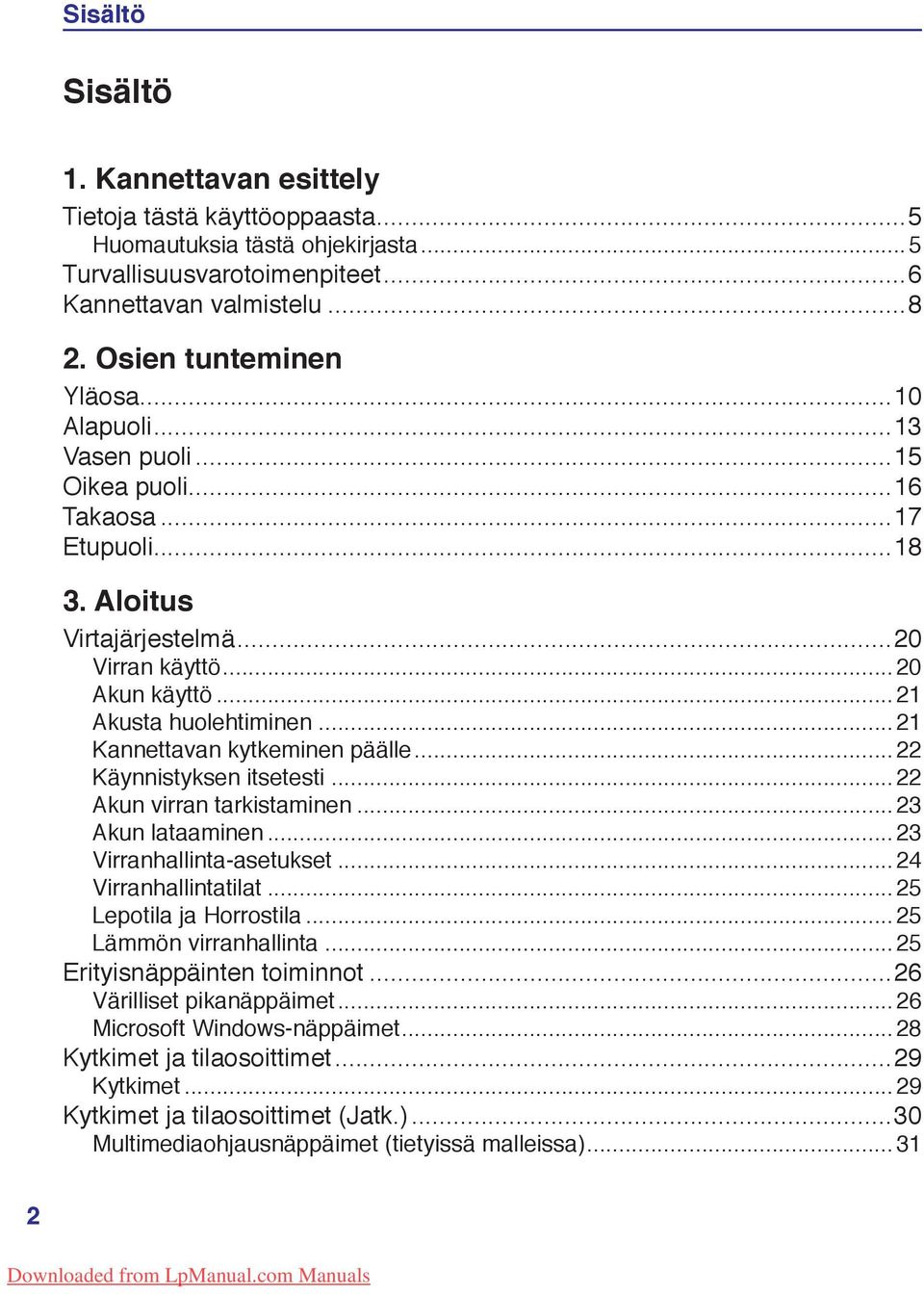 ..21 Kannettavan kytkeminen päälle... 22 Käynnistyksen itsetesti...22 Akun virran tarkistaminen...23 Akun lataaminen...23 Virranhallinta-asetukset...24 Virranhallintatilat...25 Lepotila ja Horrostila.