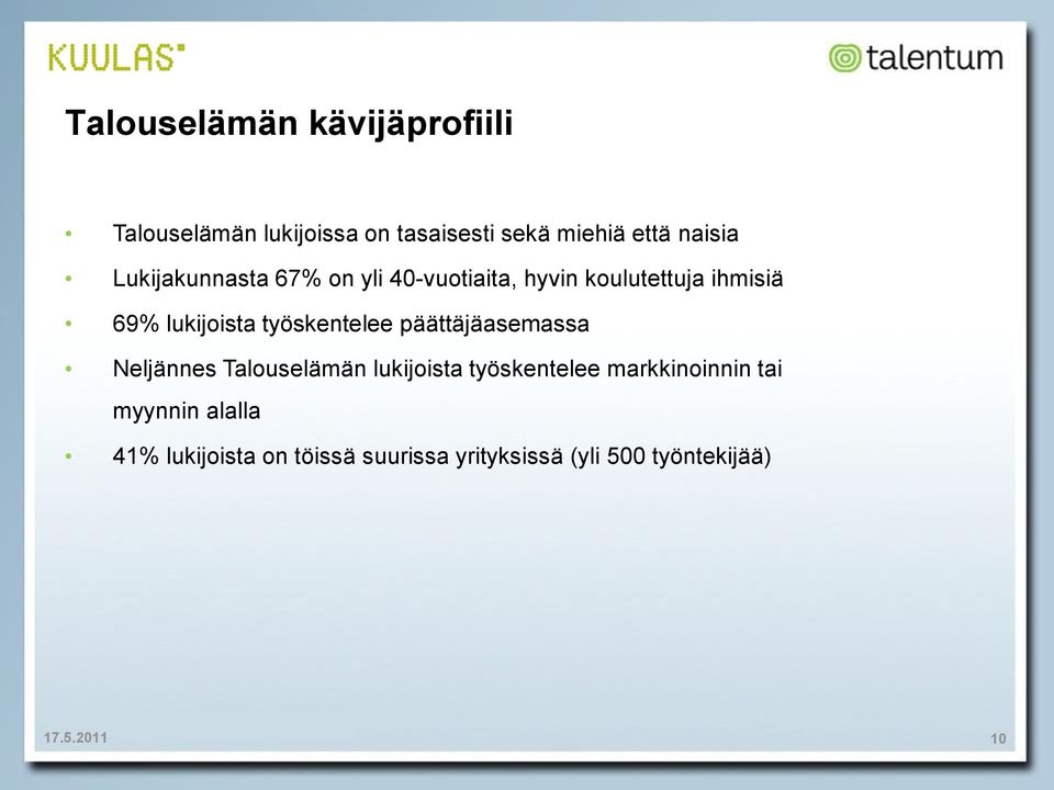 työskentelee päättäjäasemassa Neljännes Talouselämän lukijoista työskentelee