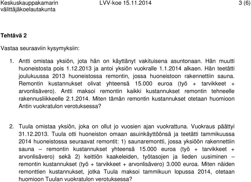 000 euroa (työ + tarvikkeet + arvonlisävero). Antti maksoi remontin kaikki kustannukset remontin tehneelle rakennusliikkeelle 2.1.2014.
