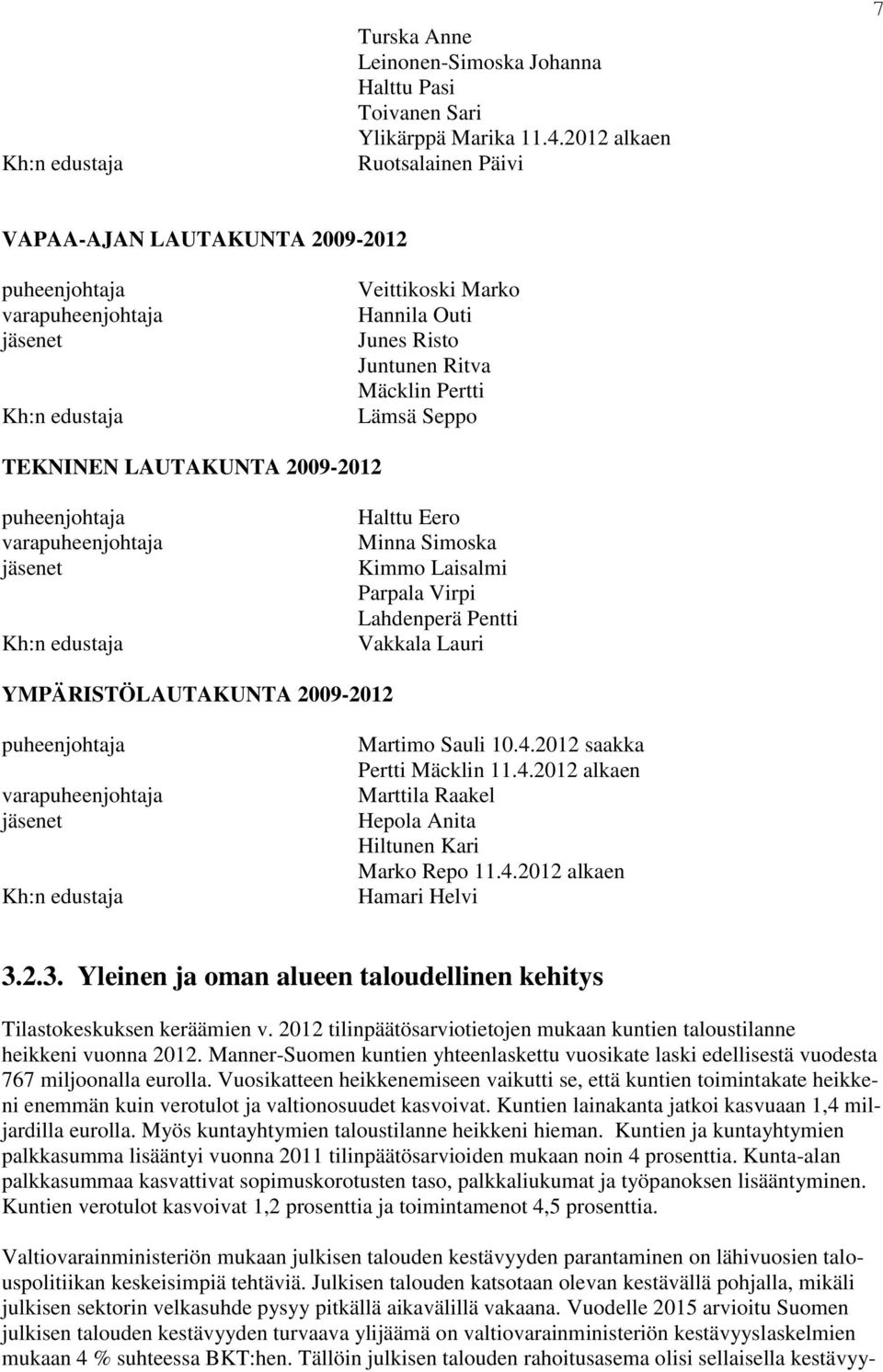 Seppo TEKNINEN LAUTAKUNTA 2009-2012 puheenjohtaja varapuheenjohtaja jäsenet Kh:n edustaja Halttu Eero Minna Simoska Kimmo Laisalmi Parpala Virpi Lahdenperä Pentti Vakkala Lauri YMPÄRISTÖLAUTAKUNTA