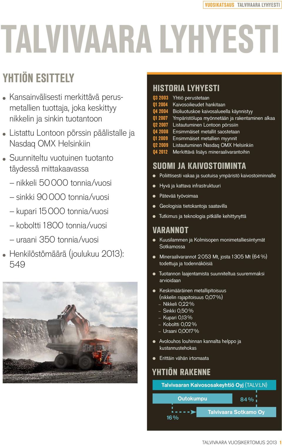 uraani 350 tonnia/vuosi Henkilöstömäärä (joulukuu 2013): 549 HISTORIA LYHYESTI Q3 2003 Yhtiö perustetaan Q1 2004 Kaivosoikeudet hankitaan Q4 2004 Bioliuotuskoe kaivosalueella käynnistyy Q1 2007