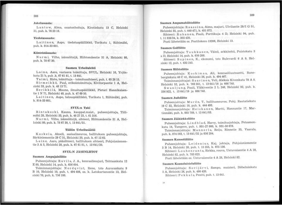 13 641. Tai m i, Risto, toimittaja - toimitussihteeri, puh. t. 65 28 15. Sir m e i k k ö, Paul, erikoistoimittaja, Kivitorpantie 1 A, Helsinki 33, puh. k. 48 13 71.