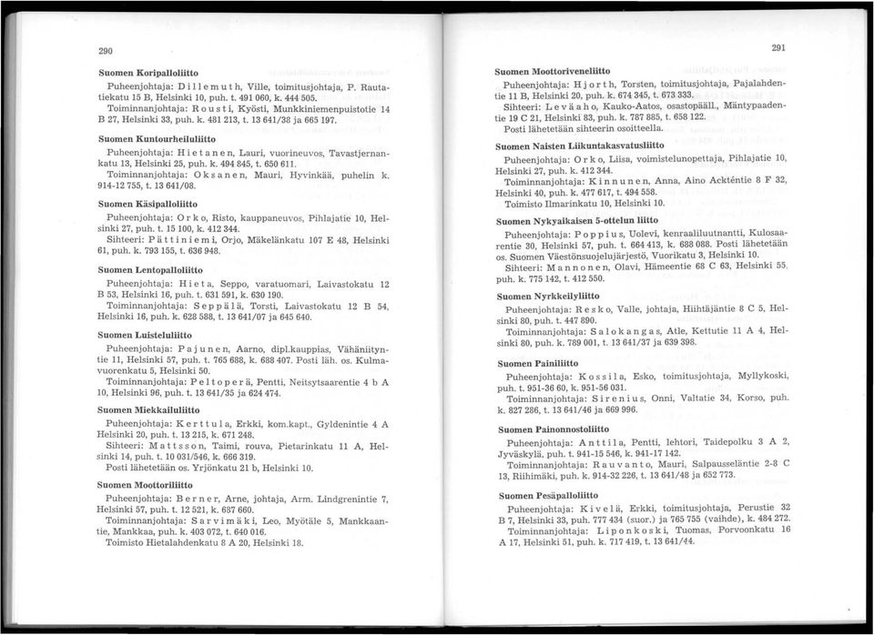 Suomen Kuntourheiluliitto Puheenjohtaja: H i eta n e n, Lauri, vuorineuvos, Tavastjernankatu 13, Helsinki 25, puh. k. 494845, t. 650611. Toiminnanjohtaja: 0 k san e n, Mauri, Hyvinkää, puhelin k.