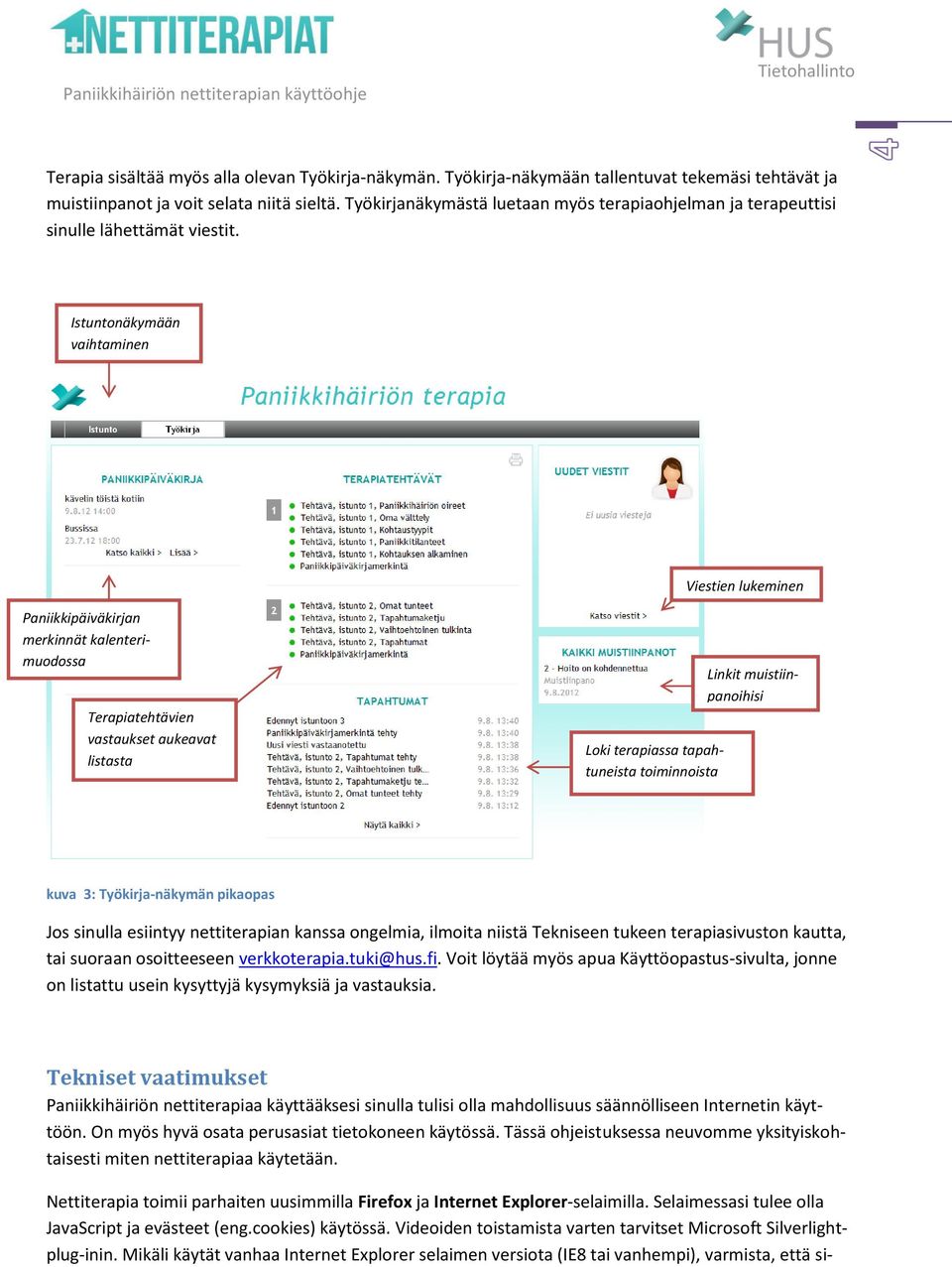 Istuntonäkymään vaihtaminen Viestien lukeminen Paniikkipäiväkirjan merkinnät kalenterimuodossa Terapiatehtävien vastaukset aukeavat listasta Loki terapiassa tapahtuneista toiminnoista Linkit