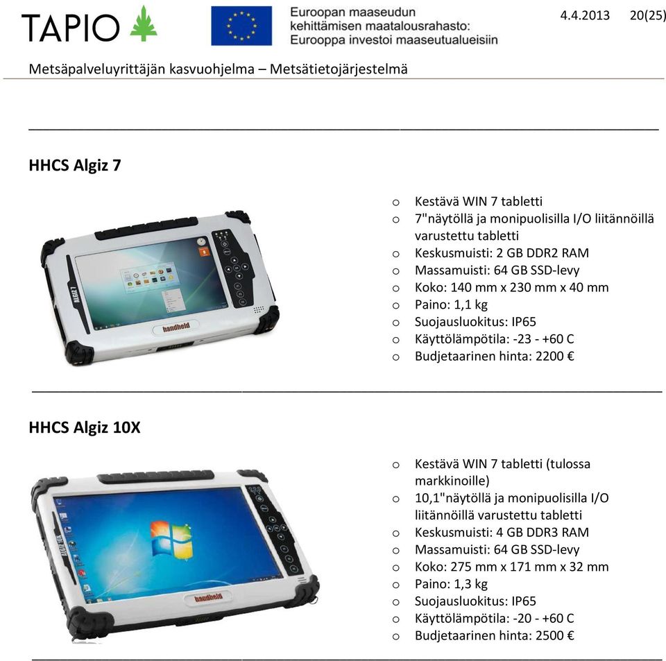 +60 C Budjetaarinen hinta: 2200 HHCS Algiz 10X Kestävä WIN 7 tabletti (tulssa markkinille) 10,1"näytöllä ja mnipulisilla I/O liitännöillä varustettu tabletti