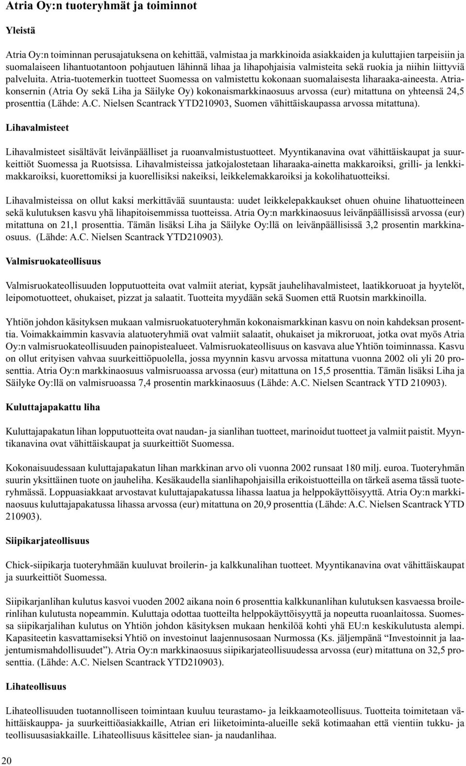 Atriakonsernin (Atria Oy sekä Liha ja Säilyke Oy) kokonaismarkkinaosuus arvossa (eur) mitattuna on yhteensä 24,5 prosenttia (Lähde: A.C.