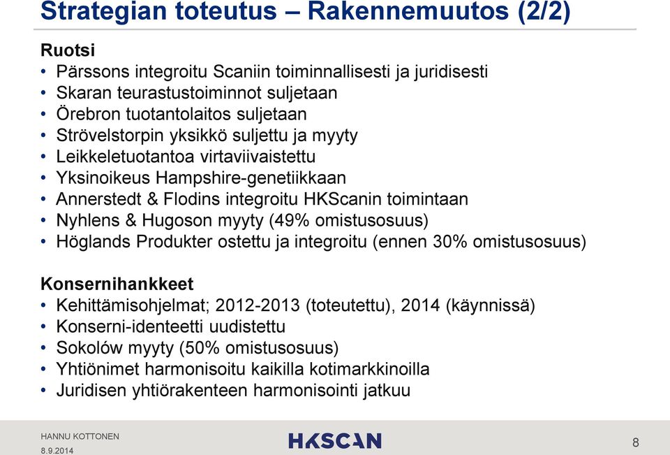 toimintaan Nyhlens & Hugoson myyty (49% omistusosuus) Höglands Produkter ostettu ja integroitu (ennen 30% omistusosuus) Konsernihankkeet Kehittämisohjelmat; 2012-2013