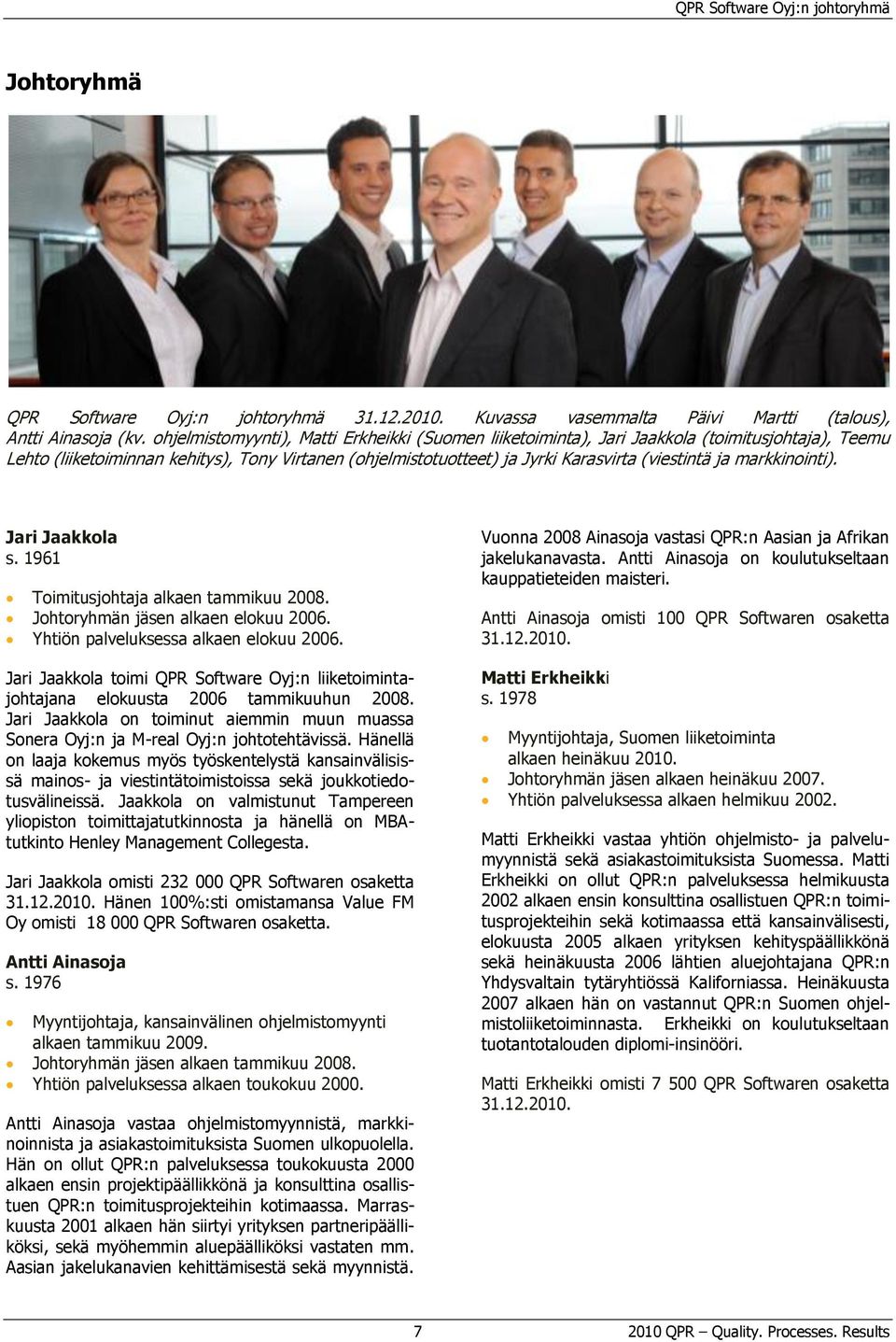 markkinointi). Jari Jaakkola s. 1961 Toimitusjohtaja alkaen tammikuu 2008. Johtoryhmän jäsen alkaen elokuu 2006. Yhtiön palveluksessa alkaen elokuu 2006.