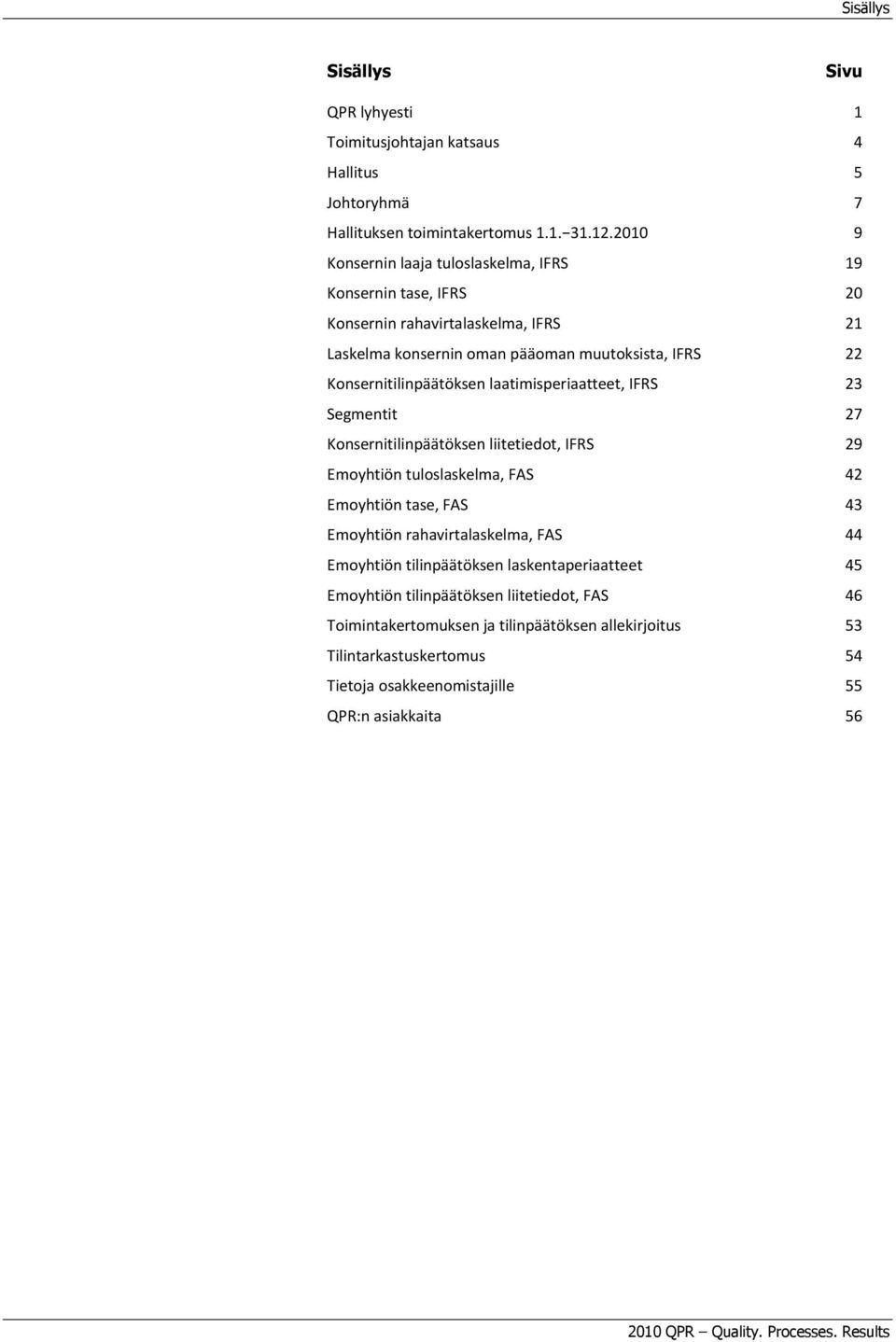 laatimisperiaatteet, IFRS 23 Segmentit 27 Konsernitilinpäätöksen liitetiedot, IFRS 29 Emoyhtiön tuloslaskelma, FAS 42 Emoyhtiön tase, FAS 43 Emoyhtiön rahavirtalaskelma, FAS 44 Emoyhtiön