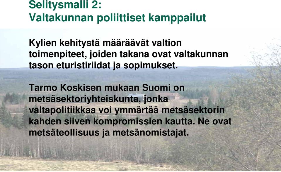 Tarmo Koskisen mukaan Suomi on metsäsektoriyhteiskunta, jonka valtapolitiikkaa voi