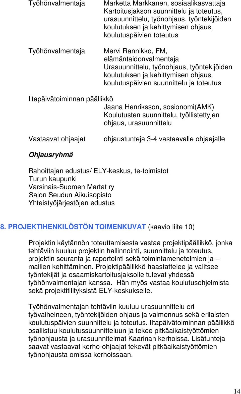 Iltapäivätoiminnan päällikkö Jaana Henriksson, sosionomi(amk) Koulutusten suunnittelu, työllistettyjen ohjaus, urasuunnittelu Vastaavat ohjaajat ohjaustunteja 3-4 vastaavalle ohjaajalle Ohjausryhmä