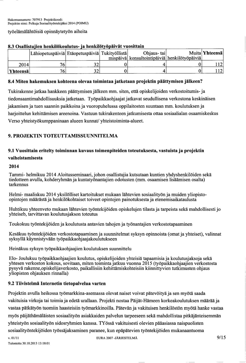 112 Yhteensä 76 32 0 4 0 112 8.4 Miten hakemuksen kohteena olevaa toimintaa jatketaan projektin päättymisen jälkeen? Tukirakenne jatkaa hankkeen päättymisen jälkeen mm.