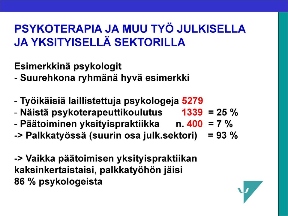 1339 = 25 % - Päätoiminen yksityispraktiikka n. 400 = 7 % -> Palkkatyössä (suurin osa julk.