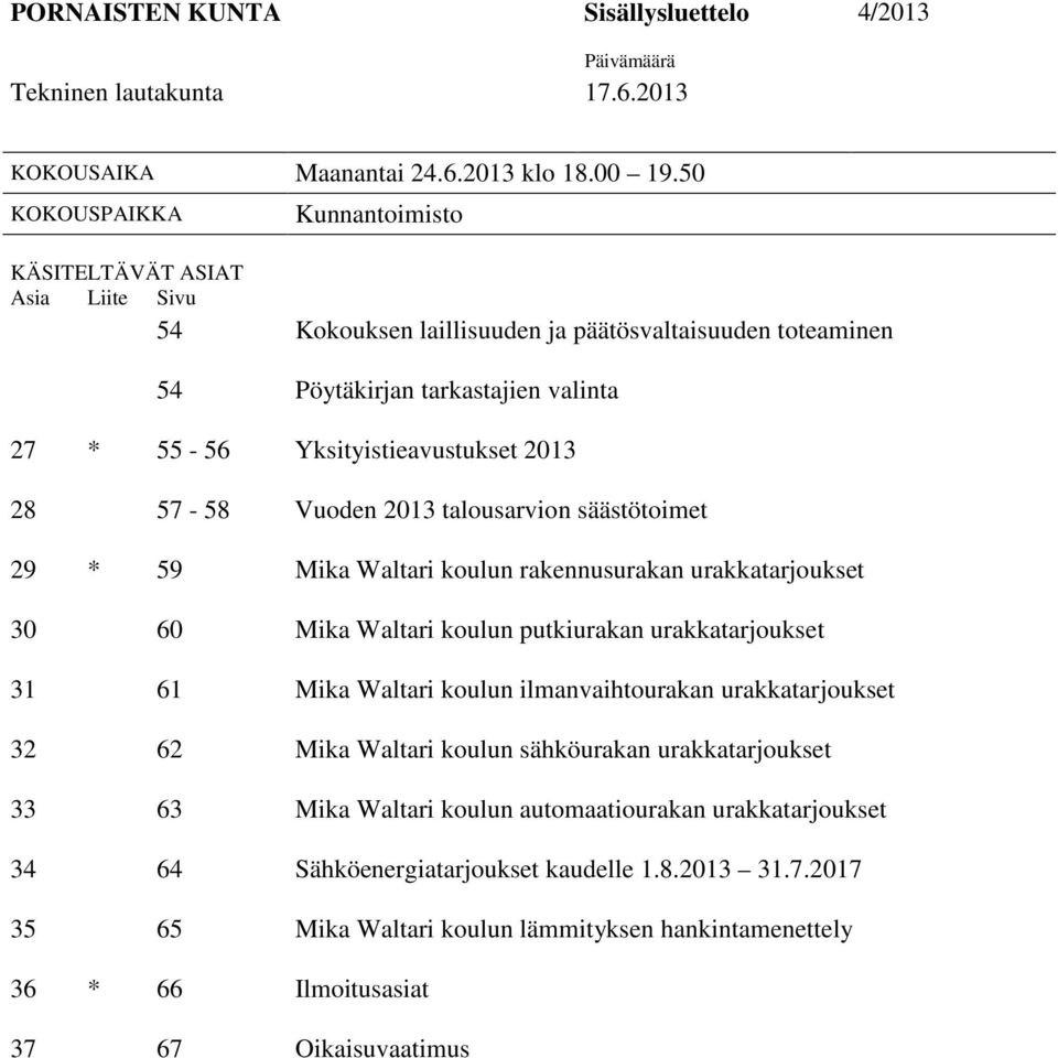 28 57-58 Vuoden 2013 talousarvion säästötoimet 29 * 59 Mika Waltari koulun rakennusurakan urakkatarjoukset 30 60 Mika Waltari koulun putkiurakan urakkatarjoukset 31 61 Mika Waltari koulun