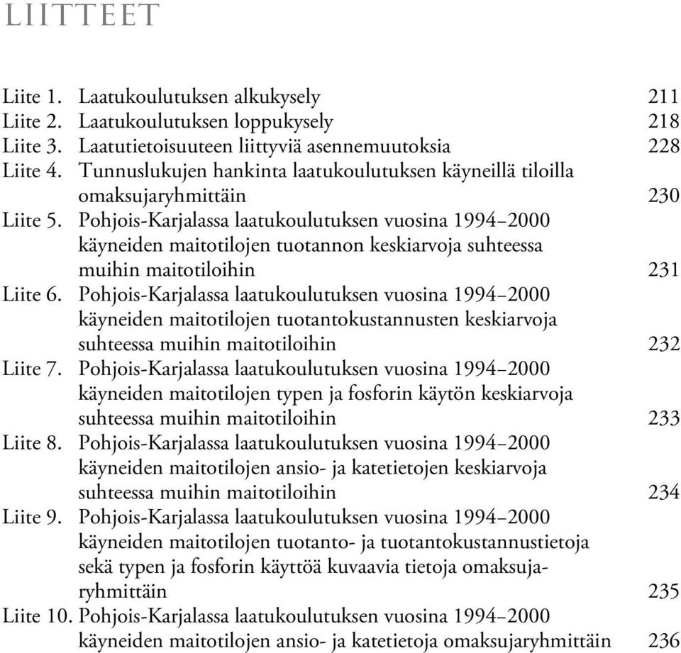 Pohjois-Karjalassa laatukoulutuksen vuosina 1994 2000 käyneiden maitotilojen tuotannon keskiarvoja suhteessa muihin maitotiloihin 231 Liite 6.