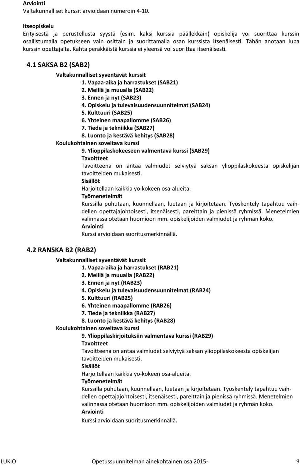 Kahta peräkkäistä kurssia ei yleensä voi suorittaa itsenäisesti. 4.1 SAKSA B2 (SAB2) Valtakunnalliset syventävät kurssit 1. Vapaa-aika ja harrastukset (SAB21) 2. Meillä ja muualla (SAB22) 3.