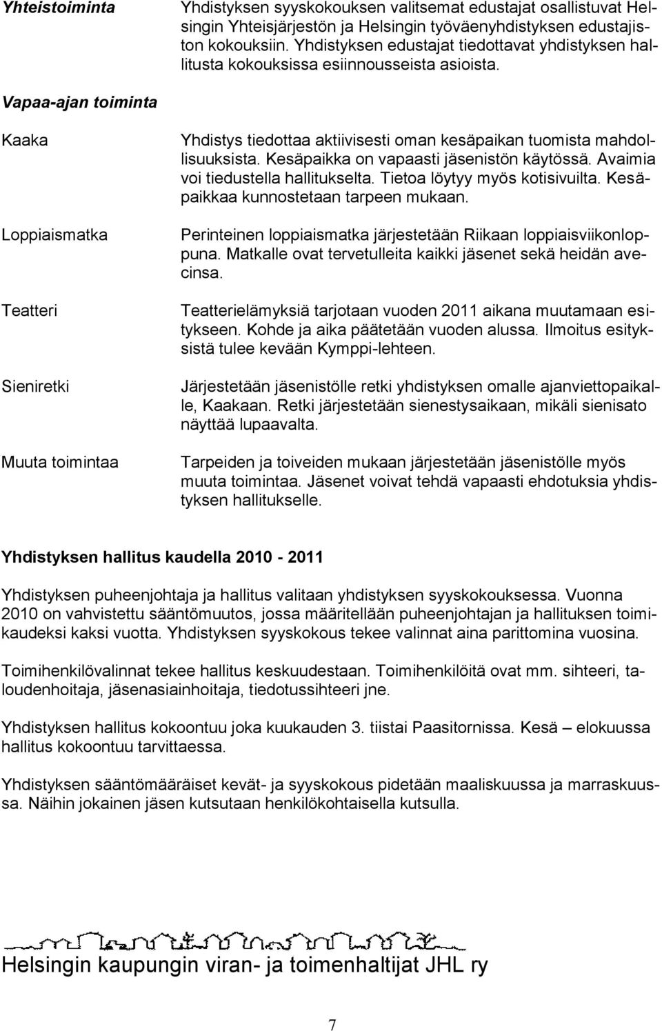 Vapaa-ajan toiminta Kaaka Loppiaismatka Teatteri Sieniretki Muuta toimintaa Yhdistys tiedottaa aktiivisesti oman kesäpaikan tuomista mahdollisuuksista. Kesäpaikka on vapaasti jäsenistön käytössä.