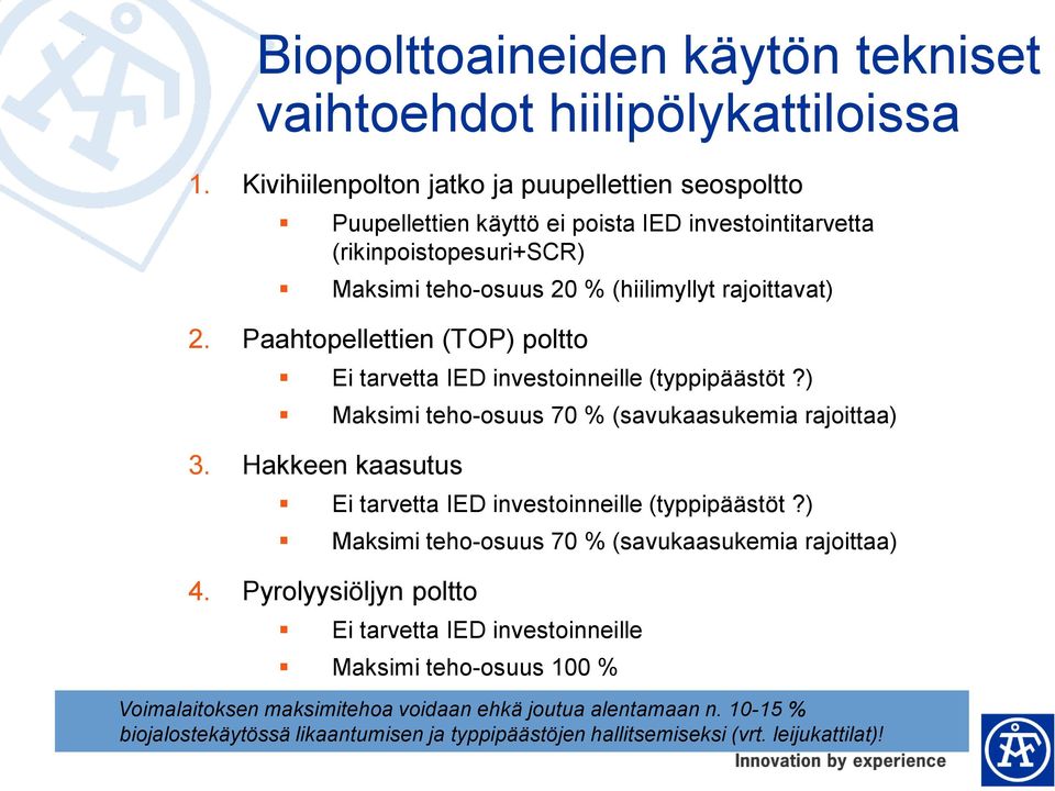 Paahtopellettien (TOP) poltto Ei tarvetta IED investoinneille (typpipäästöt?) Maksimi teho-osuus 70 % (savukaasukemia rajoittaa) 3.