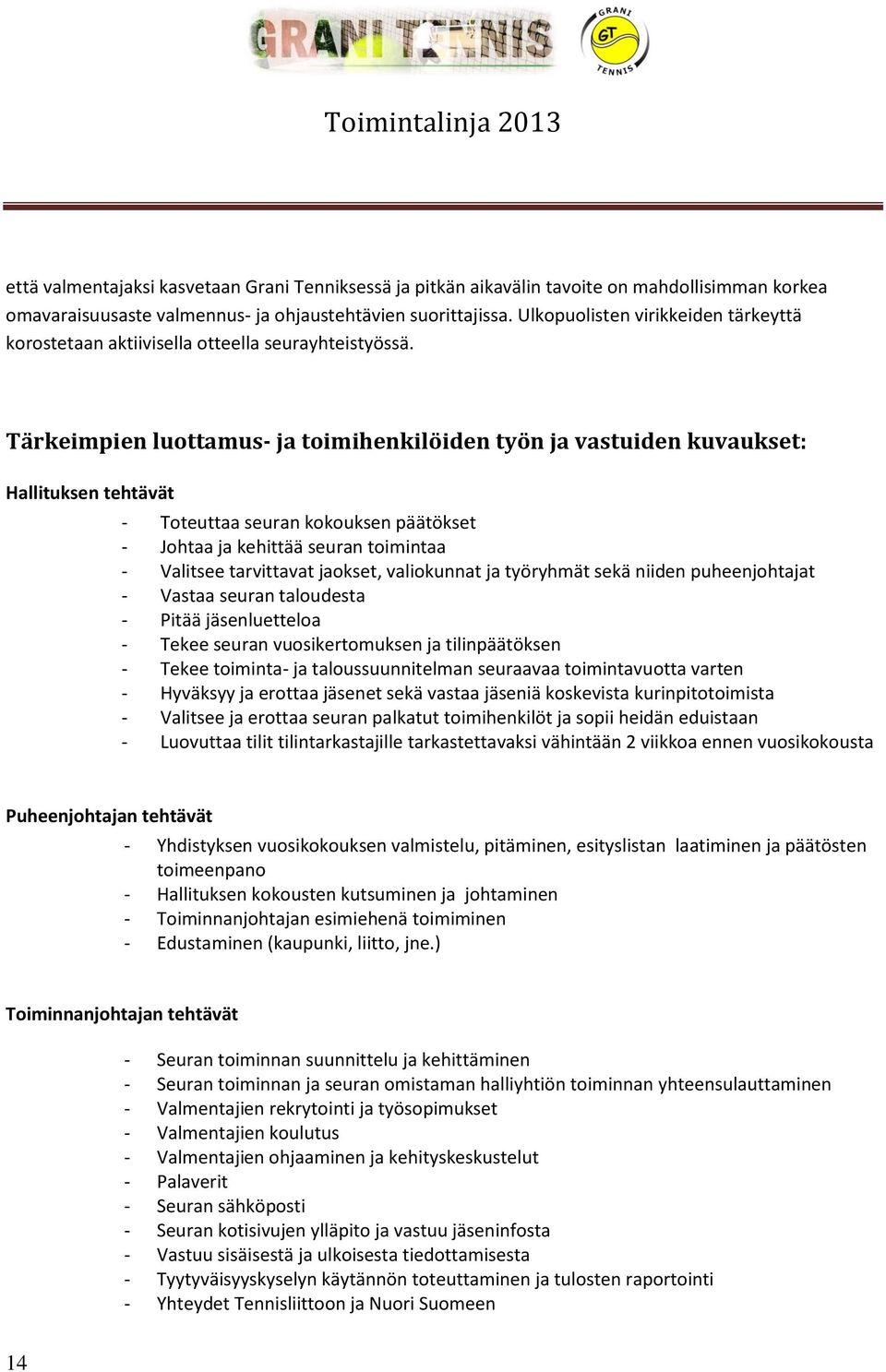 Tärkeimpien luottamus- ja toimihenkilöiden työn ja vastuiden kuvaukset: Hallituksen tehtävät - Toteuttaa seuran kokouksen päätökset - Johtaa ja kehittää seuran toimintaa - Valitsee tarvittavat