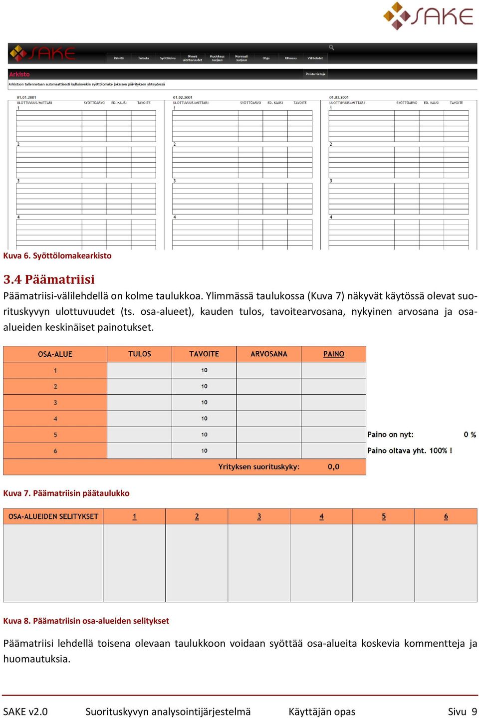 osa-alueet), kauden tulos, tavoitearvosana, nykyinen arvosana ja osaalueiden keskinäiset painotukset. Kuva 7.