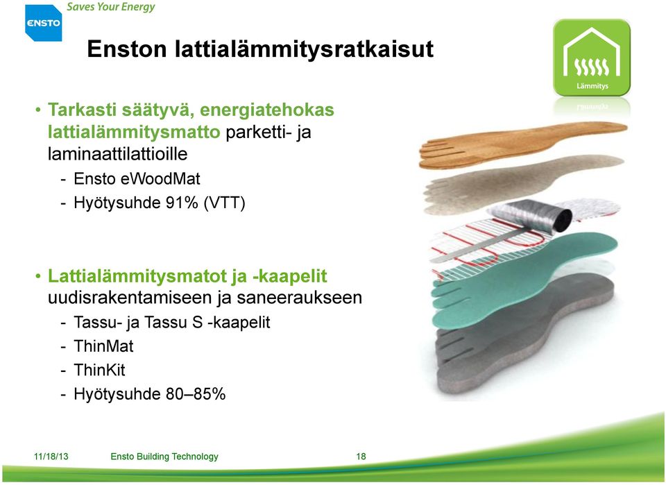 Hyötysuhde 91% (VTT) Lattialämmitysmatot ja -kaapelit uudisrakentamiseen