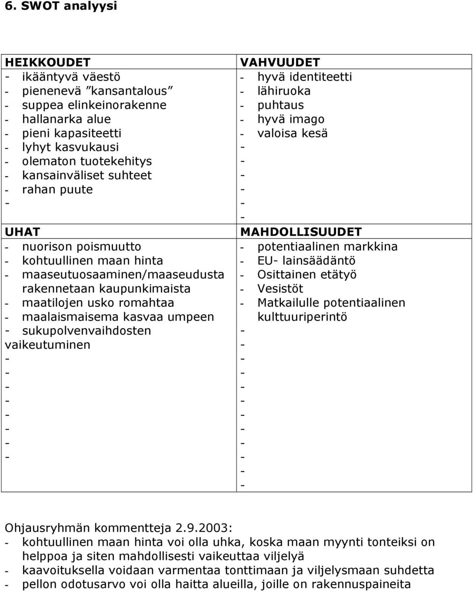 vaikeutuminen VAHVUUDET hyvä identiteetti lähiruoka puhtaus hyvä imago valoisa kesä MAHDOLLISUUDET potentiaalinen markkina EU lainsäädäntö Osittainen etätyö Vesistöt Matkailulle potentiaalinen