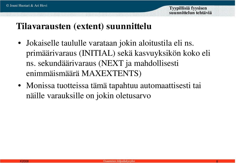 primäärivaraus (INITIAL) sekä kasvuyksikön koko eli ns.