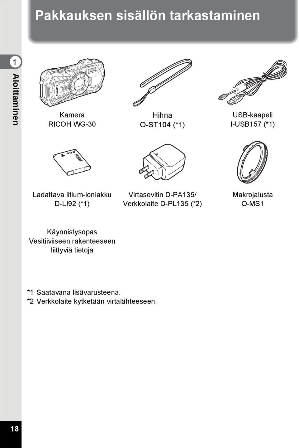 D-PA135/ Verkkolaite D-PL135 (*2) Makrojalusta O-MS1 Käynnistysopas Vesitiiviiseen