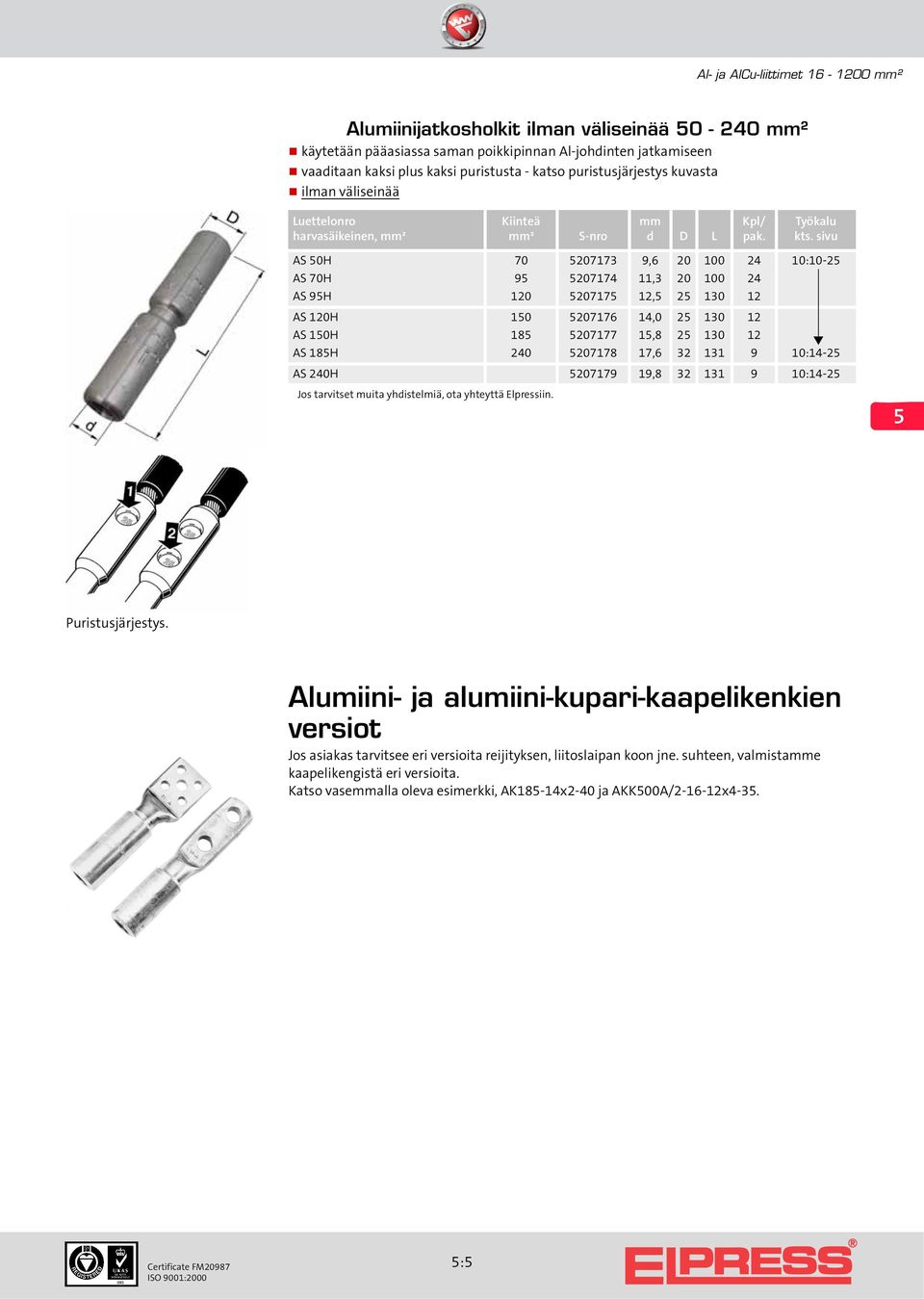 207178 17,6 32 131 9 10:14-2 AS 240H 207179 19,8 32 131 9 10:14-2 Alumiini- ja alumiini-kupari-kaapelikenkien versiot Jos asiakas tarvitsee eri versioita