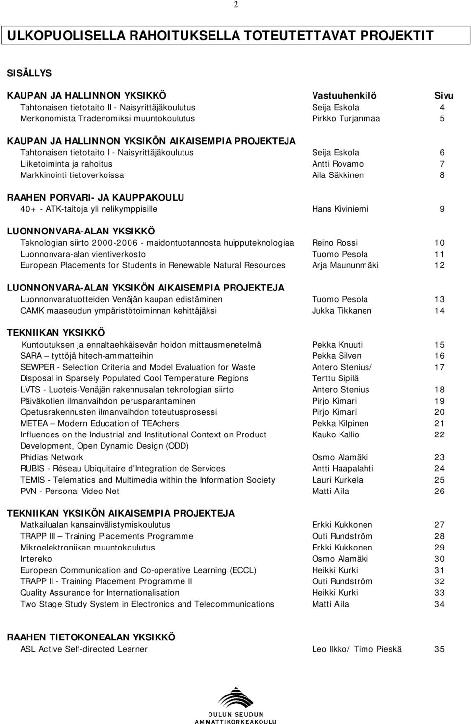 7 Markkinointi tietoverkoissa Aila Säkkinen 8 RAAHEN PORVARI- JA KAUPPAKOULU 40+ - ATK-taitoja yli nelikymppisille Hans Kiviniemi 9 LUONNONVARA-ALAN YKSIKKÖ Teknologian siirto 2000-2006 -