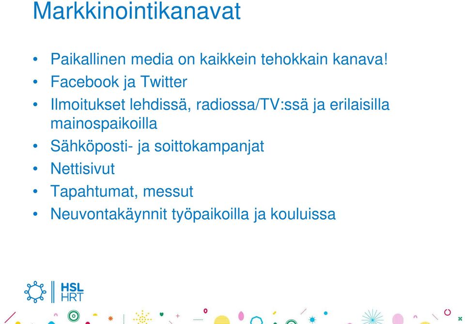 Facebook ja Twitter Ilmoitukset lehdissä, radiossa/tv:ssä ja