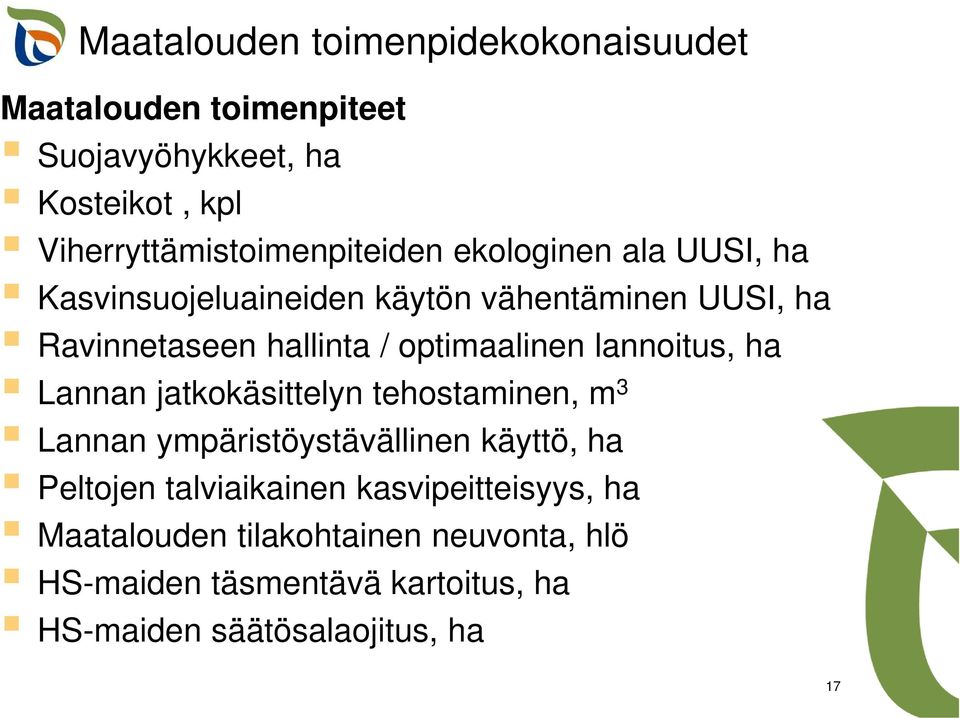 hallinta / optimaalinen lannoitus, ha Lannan jatkokäsittelyn tehostaminen, m 3 Lannan ympäristöystävällinen käyttö, ha