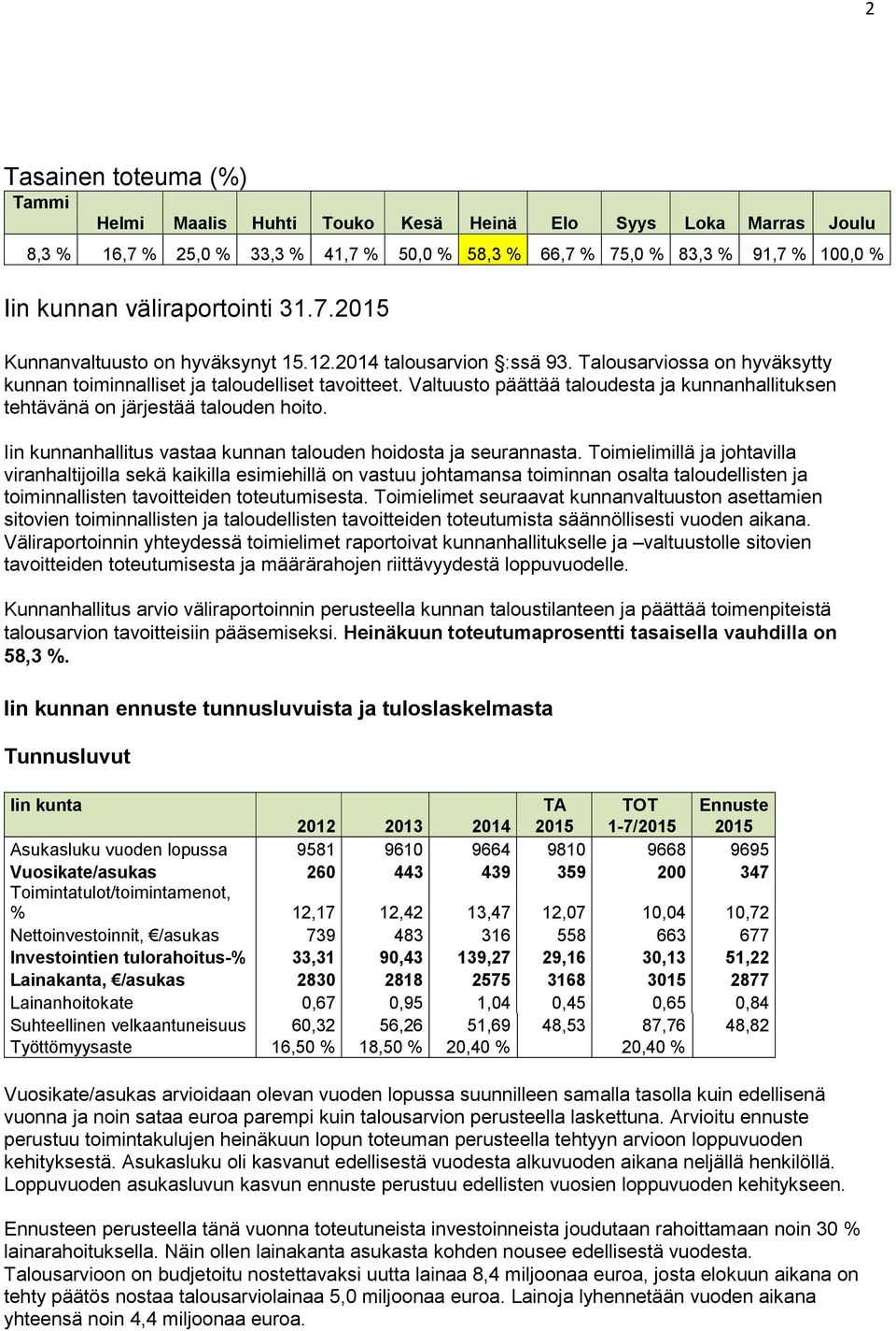 Valtuusto päättää taloudesta ja kunnanhallituksen tehtävänä on järjestää talouden hoito. Iin kunnanhallitus vastaa kunnan talouden hoidosta ja seurannasta.