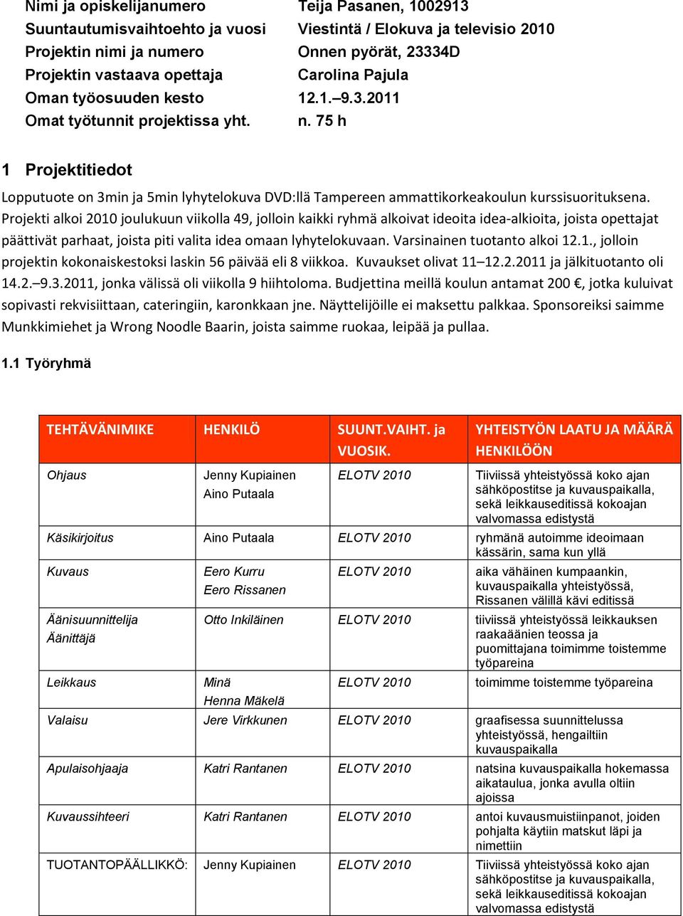 75 h 1 Projektitiedot Lopputuote on 3min ja 5min lyhytelokuva DVD:llä Tampereen ammattikorkeakoulun kurssisuorituksena.