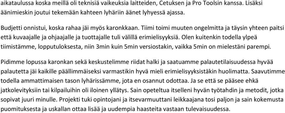 Olen kuitenkin todella ylpeä tiimistämme, lopputuloksesta, niin 3min kuin 5min versiostakin, vaikka 5min on mielestäni parempi.