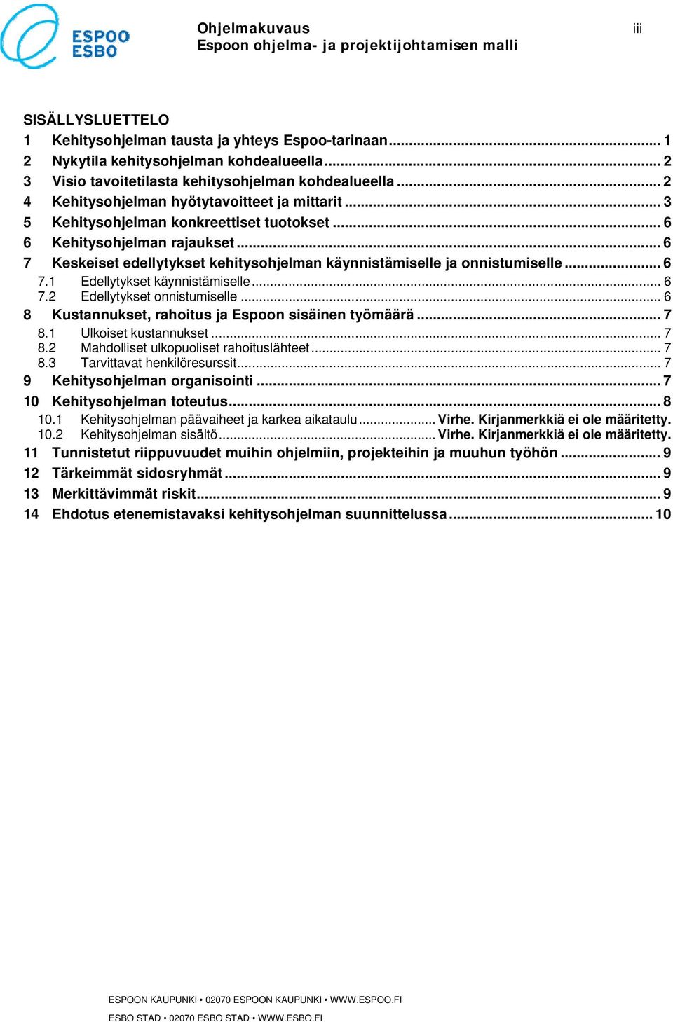 .. 6 7 Keskeiset edellytykset kehitysohjelman käynnistämiselle ja onnistumiselle... 6 7.1 Edellytykset käynnistämiselle... 6 7.2 Edellytykset onnistumiselle.